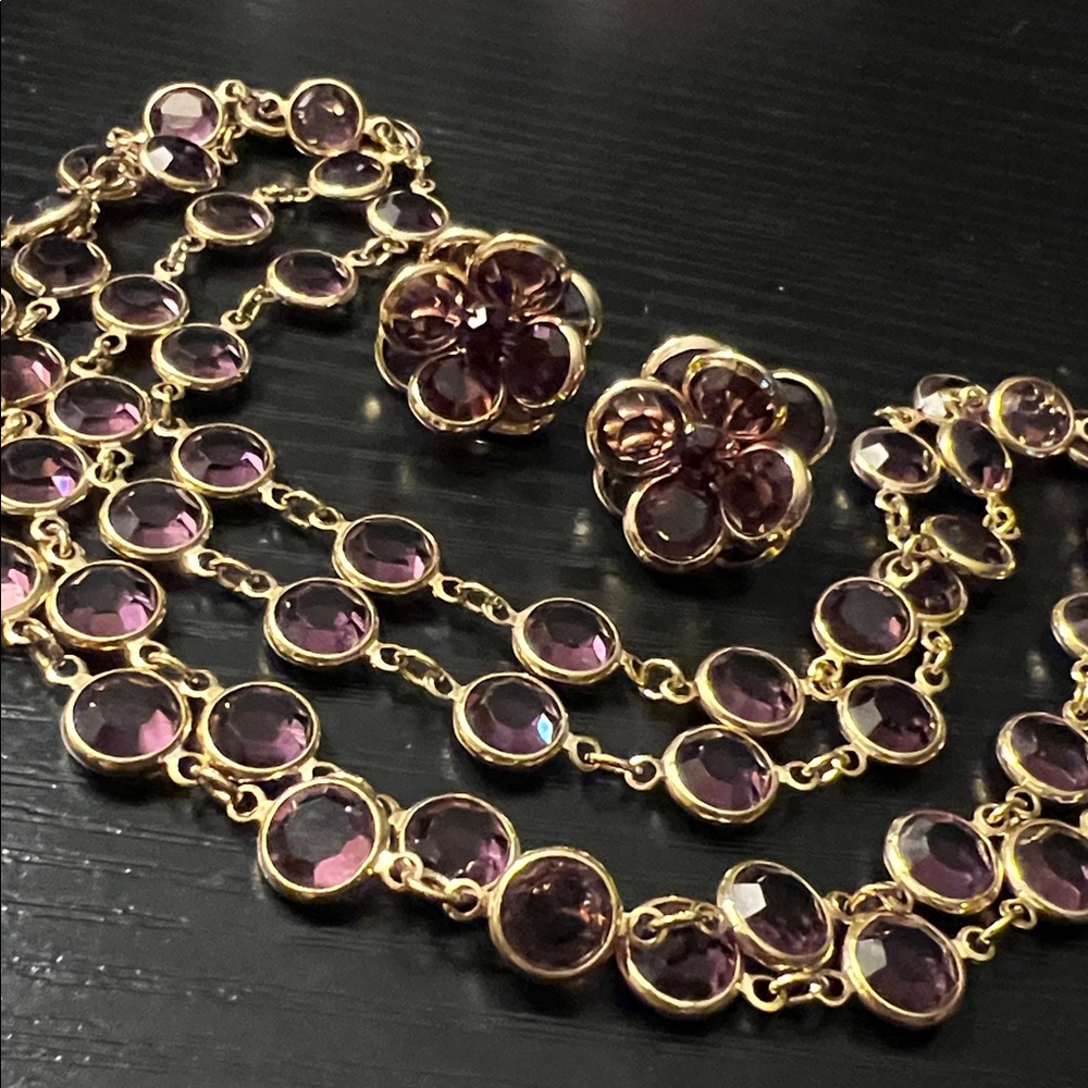 Vintage Goldtone /Purple Austrian Crystal Station Necklace with Earrings